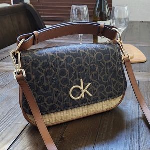 NWOT Calvin Klein Signature Shoulder Bag Crossbody Brown & Natural Straw